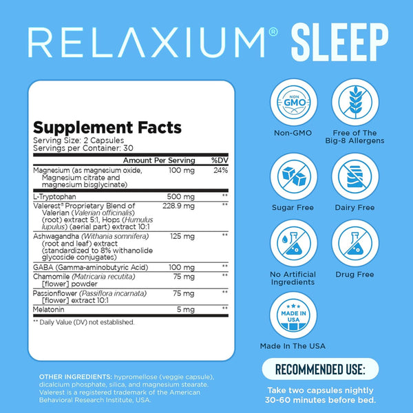 Relaxium Sleep Aid for Adults, Melatonin 5Mg with Magnesium Glycinate, Sleep-Promoting Valerest & Ashwagandha, Non-Habit Forming Sleep Supplement,