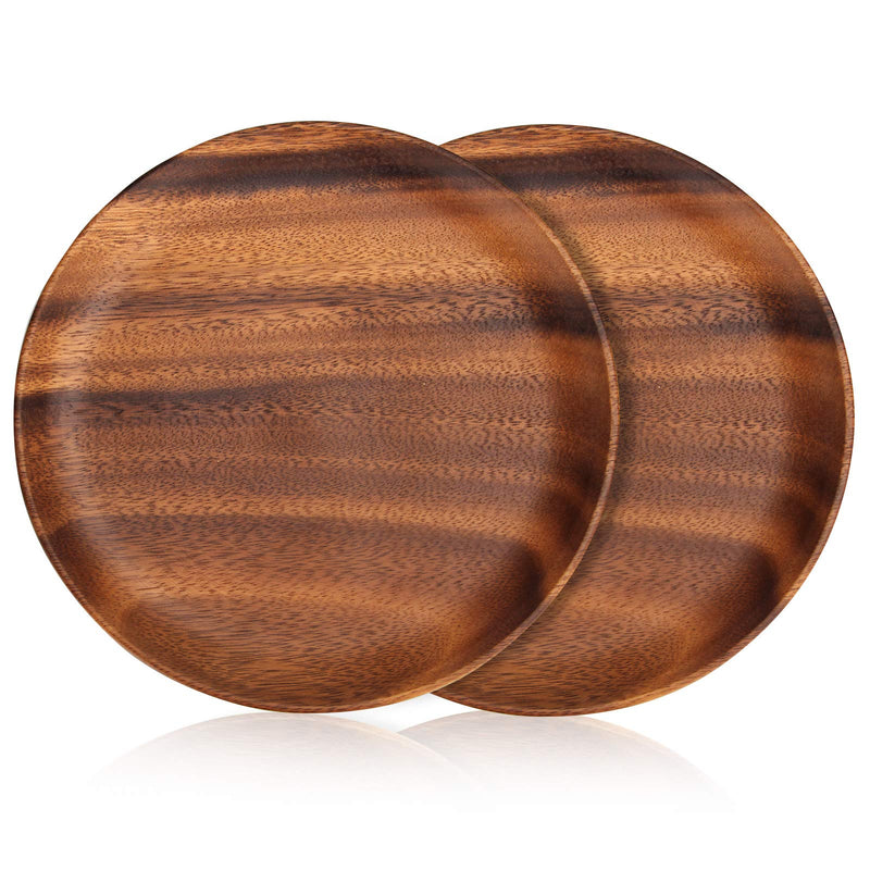 2 Pcs 10 Inch Acacia Wood Dinner Plates Set for Eating Wooden Round Charcuterie Boards Kitchen Serving Platters for Food Dishes Cheese Tray