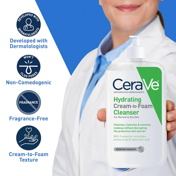 Cerave Hydrating Cream to Foam Cleanser, Makeup Remover Face Wash for Dry Skin, Foaming Facial Cleanser with Hyaluronic Acid, Normal to Dry Skin,