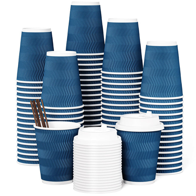 JOLLY CHEF 100 Pack Disposable Coffee Cups, 12oz To Go Paper Coffee Cups with Lids and Stirrers for Hot Beverage 12oz-10