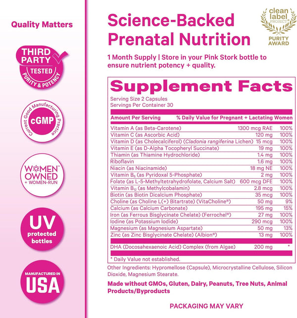 Pink Stork Total Prenatal Vitamins with DHA, Folate, Iron, Choline, and Vitamin B12 - Prenatals for Women to Support Fetal Development, Pregnancy