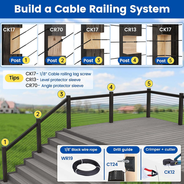 Muzata 40Pack Black Cable Railing Swage Lag Screws for Wood Post CK17 | 20 Pairs 1/8" Wood Cable Railing Hardware Kit for Deck and Stairs, Left &
