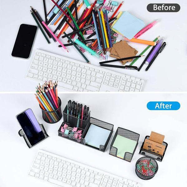 Pen Holder for Desk, 6 Pieces Mesh Desk Organizer Set 3 Compartments Pens Holder, Mail Organizer Letter Holder Home Office Supplies Caddy Storage