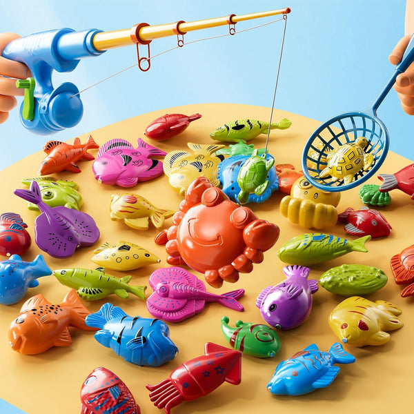 Magnetic Fishing Game Toys for Kids Toddlers 3-5 4-8, Water Table Bathtub Toys with Pole Rod Net Plastic Floating Fish, Water Bath Pool Outdoor