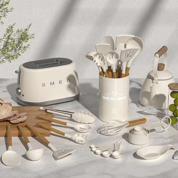 Umite Chef Kitchen Cooking Utensils Set, 33 pcs Non-Stick Silicone Cooking Kitchen Utensils Spatula Set with Holder, Wooden Handle Silicone