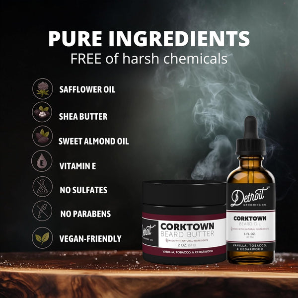 Detroit Grooming Co. Beard Oil & Beard Butter Bundle – Corktown (Vanilla, Tobacco & Cedarwood Scent) – Beard Hydration Set with Vitamin E &