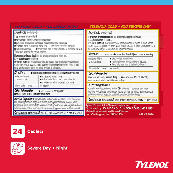 Tylenol Cold + Flu Severe Daytime + Nighttime Cold Medicine Caplets Combo Pack for Multi-Symptom, Cough, Sore Throat, Headache, Nasal Congestion