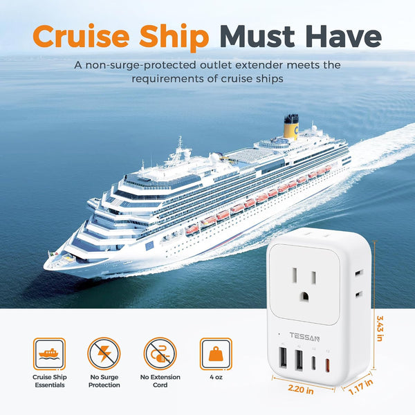 USB C Charger Block 20W PD, TESSAN Foldable Wall Charger with 4 USB Ports and 4 AC Outlet Extender, Multi Charging Station for Cruise, Home,