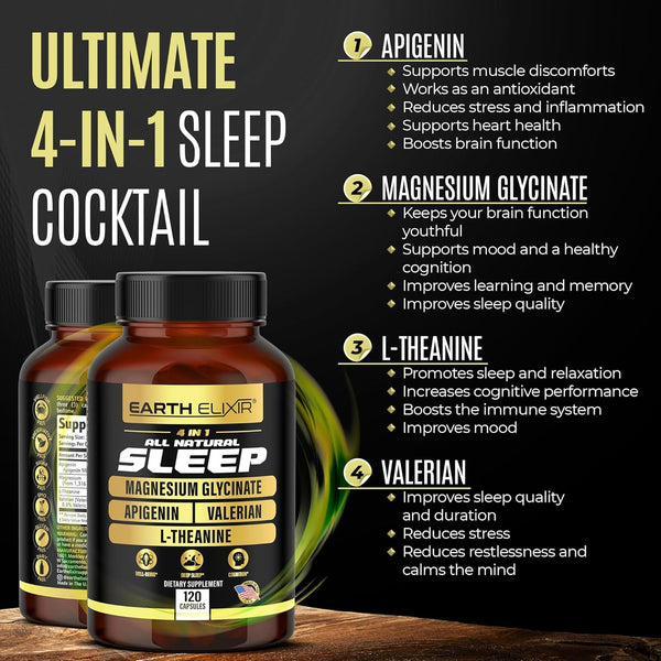 4-In-1 Sleep Aid (120 Caps) W/Apigenin 50Mg, Magnesium Glycinate 200Mg, L Theanine 200Mg & Valerian Root for Sleep Aid 300Mg | Apigenin Supplement
