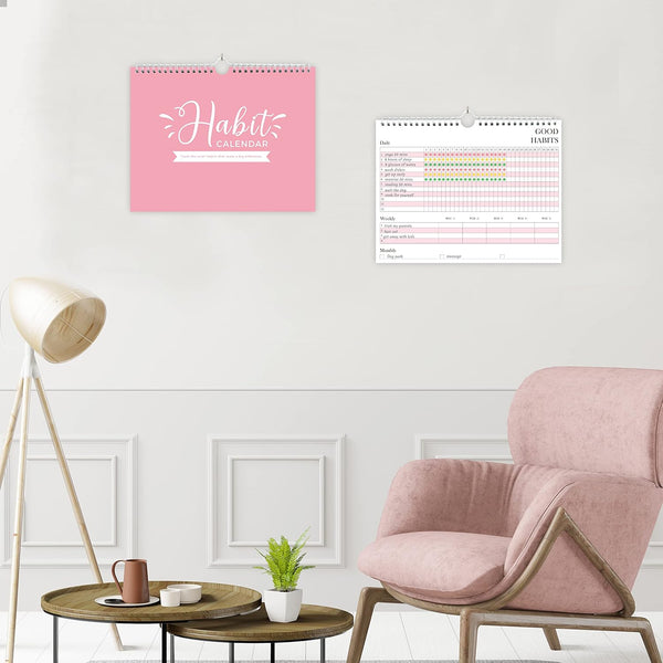Habit Tracker Journal - Undated Weekly & Monthly Planner with Spiral Binding12Months, 8.5"x11' Pink Pink Habit Tracker
