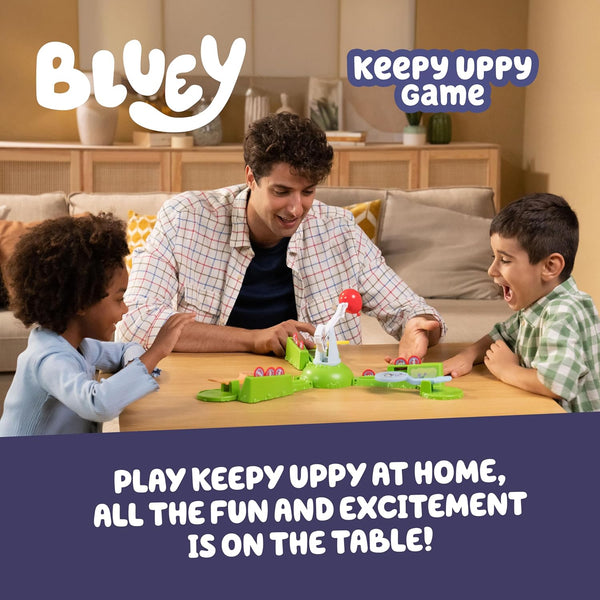 Bluey Keepy Uppy Game. Help, Bingo, and Chilli Keep the Motorized Balloon in the Air with the Character Paddles for 2-3 Players. Ages 4+