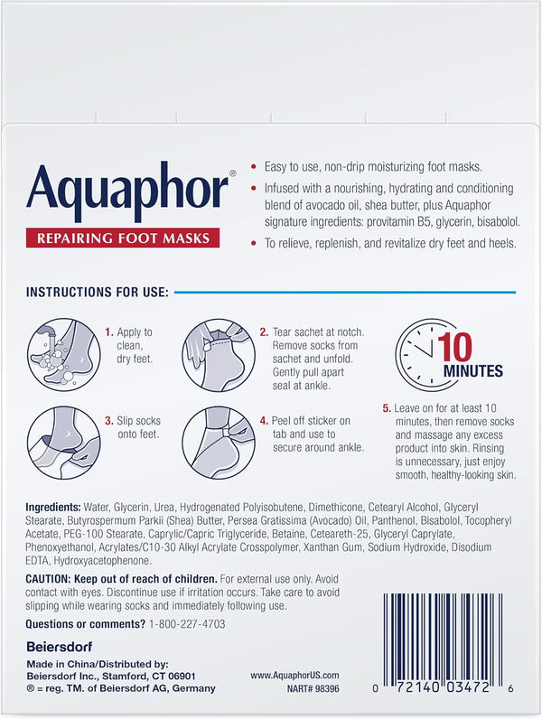 Aquaphor Repairing Foot Masks, Moisturizing Socks for Dry Feet, Hydrating Foot Care Treatment with Avocado Oil and Shea Butter, Pack of 6
