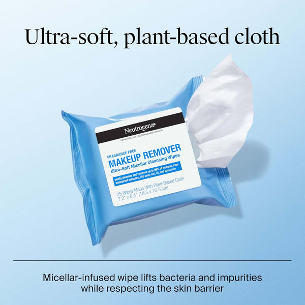 Neutrogena Fragrance-Free Makeup Remover Wipes, Daily Facial Cleanser Towelettes, Gently Removes Oil & Makeup, Alcohol-Free Makeup Wipes, 25 Ct