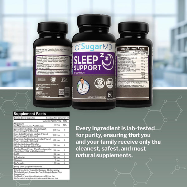 Sugarmd Sleep Support Supplement â€“ 60 Sleep Capsules with Lemon Balm, Valerian Root, Hops Extract, Chamomile Extract & Bioperine â€“ Non-Gmo &
