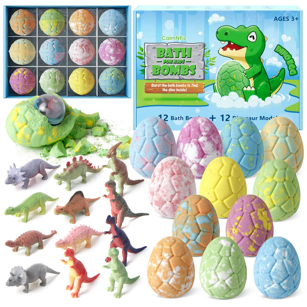 Bath Bombs with Surprise Dinosaur Toys Inside, 12 Pack Organic and Natural Bubble Bath Bombs, Stocking Stuffers for Kids, Bath Bomb Set for