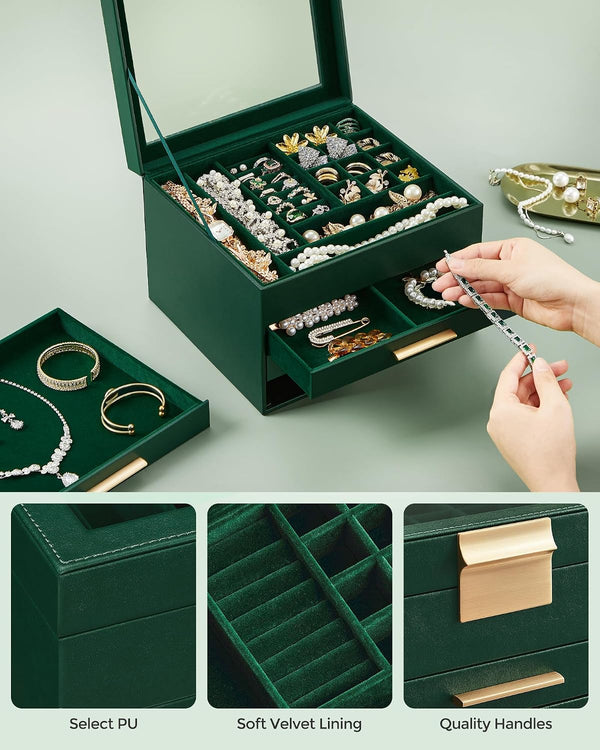 SONGMICS GISELLA Collection - Jewelry Box Organizer with Glass Lid, 4-Layer Jewelry Storage, with 3 Drawers, Modern Style, 8 x 9.1 x 6.5 Inches,