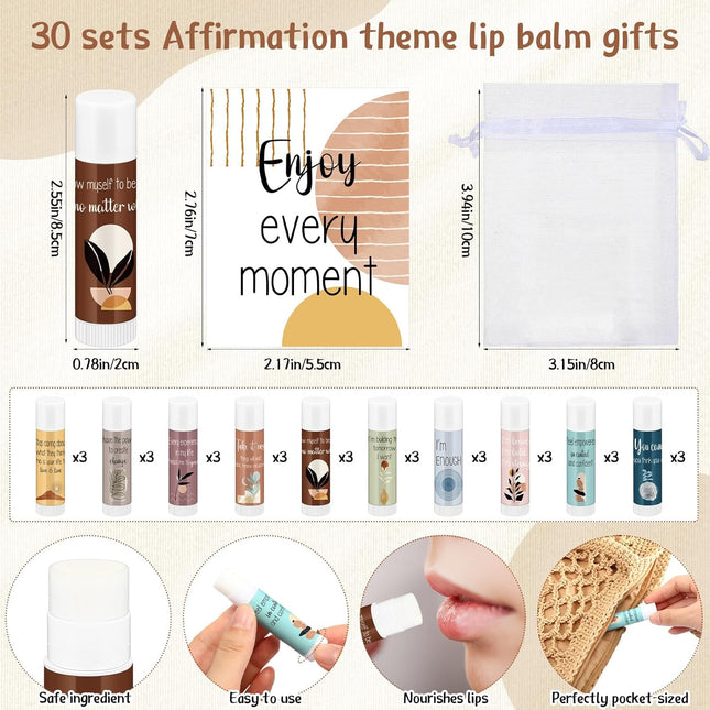 30 Sets Mental Health Awareness Gifts Lip Balm Bulk Inspirational Lip Balm with Positive Daily Affirmation Cards Self Ca