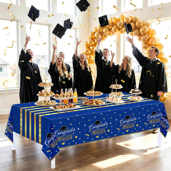 Childom 3 Pack Graduation Tablecloth,Graduation Decorations Class of 2026 Graduation Party Decorations,54"x108" Blue and Gold Plastic Table Cloth