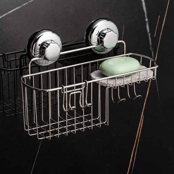 HASKO Suction Cup Shower Caddy Basket for Shampoo, Shower Suction Shelf Organizer, Basket with Soap Holder and Hooks, Stainless Steel Shampoo