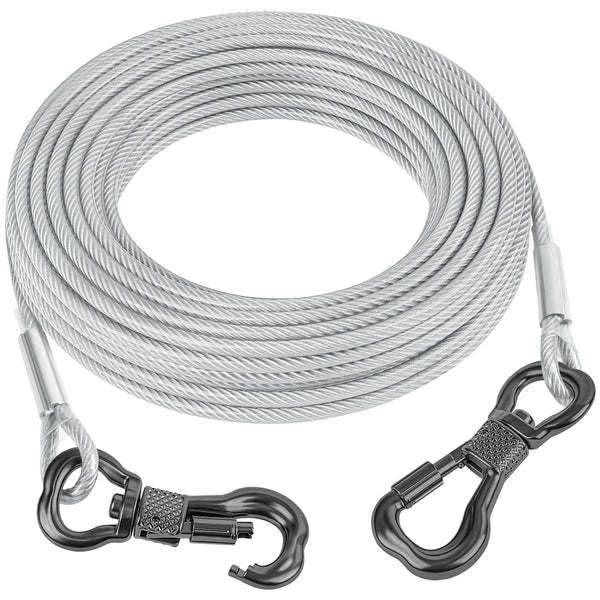 Tresbro 15FT Reflective Tie Out Cable for Dogs Up to 250 Pounds, Steel Wire Lead Leash Cable with Stainless Dual Fix Buckle, Lightweight and