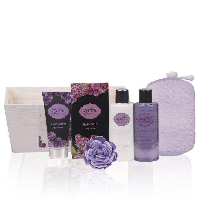 Spa Gift Basket with Lavender Fragrance and Lilac Color - Bath and Body Set Incl