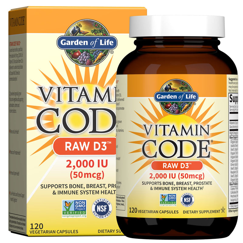 Garden of Life D3 - Vitamin Code Whole Food Raw D3 Vitamin Supplement, 2000 Iu, Dairy and Gluten Free, Vegetarian, 120 Capsules D3 with Organic