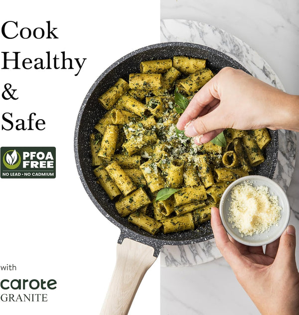 CAROTE Non Stick Frying Pan, 8 Inch Classic Granite Skillet with Glass Lid | Non Toxic Kitchen Cookware, Compatible with All Stovetop, PFOA Free