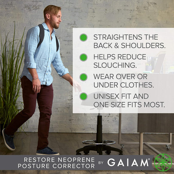 Gaiam Restore Posture Corrector for Women & Men - Back Straightener Adjustable Straps Compact Brace Support for Clavicle, Neck, Shoulder,