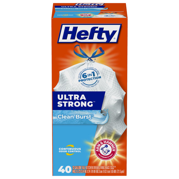 Hefty Ultra Strong 13 Gallon Trash Bags, Tall Kitchen Trash Bags 13 Gallon Size, Drawstring Closure, Continuous Odor Control, White, Clean Burst