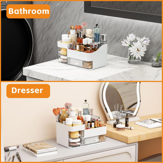 White Makeup Organizer with 3 Drawers, Large Capacity Plastic Cosmetic Storage f