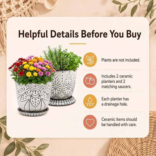 Gepege 6 Inch Beaded Ceramic Planter Set of 2 with Drainage Hole and Saucer for Plants, Indoor-Outdoor Large Round Succulent Orchid Flower Pot