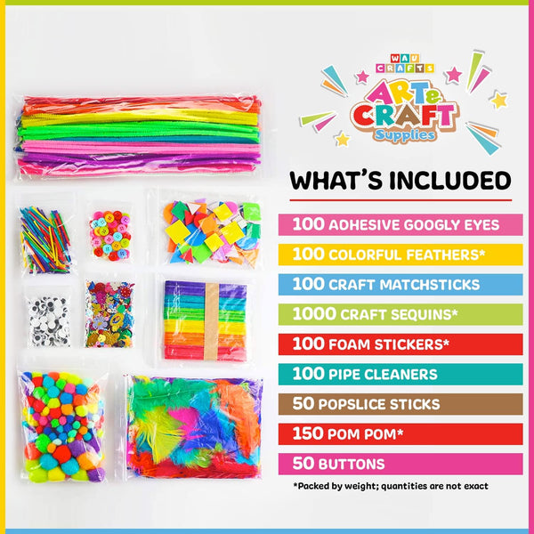 WAU CRAFTS Arts and Crafts Supplies for Kids - 1750 pcs Crafting for School Kindergarten Homeschool - Supplies Set for Craft Art - Supply Kit for