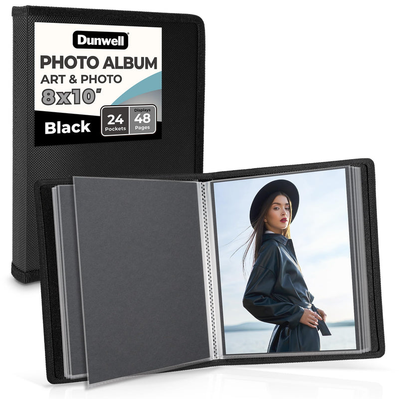 Dunwell Photo Album 8x10 (Black) with Black Mounting Paper, 8 x 10 Photo & Art Portfolio Presentation Book, 24 Clear Sleeves, Each Shows 48 Pages,