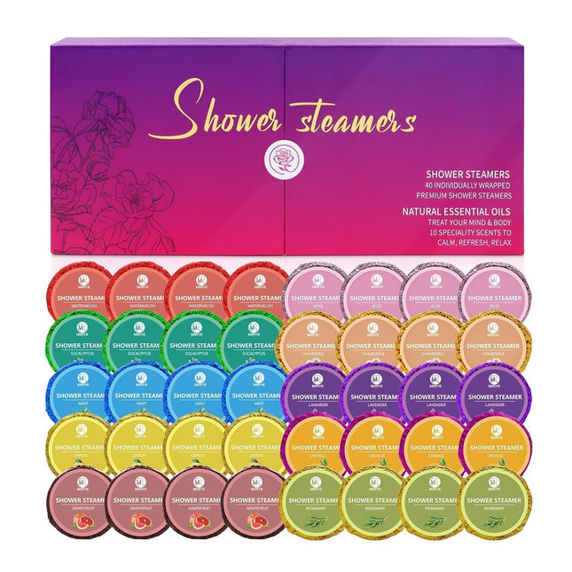 40 PCS Shower Steamers Aromatherapy for Women or Men, 10 Scents Organic with Rose Lavender Mint Watermelon Eucalyptus Le