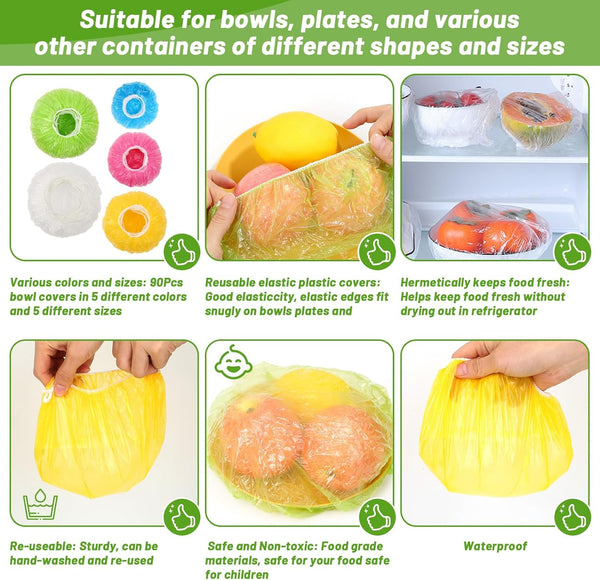 90Pcs Reusable Elastic Food Bowl Storage Covers, Sublaga Bowl Covers, Variety of 5 Translucent Stretchable Sizes and Colorful Dish Plate Covers,