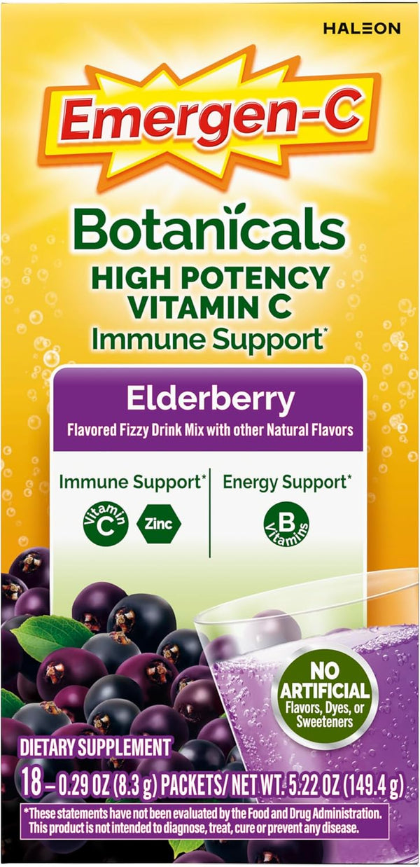 Emergen-C Elderberry Fizzy Drink Mix, Elderberry Immune Support, Natural Flavors, With High Potency Vitamin C, 18 Count Elderberry 5.2 Ounce (Pack