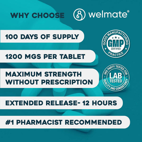 WELMATE Guaifenesin 1200 mg Mucus Relief, Maximum Strength, 100 Count | Extended-Release Expectorant Tablets, 12 Hour Chest Congestion Relief,