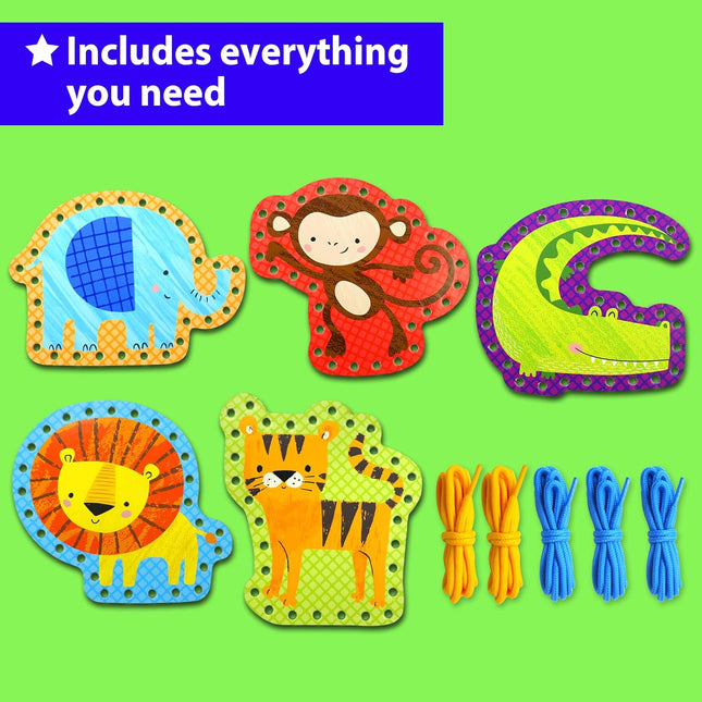 KRAFUN Beginner Preschool Lacing Card Kit for Kids Arts & Crafts, 5 Easy Safari 