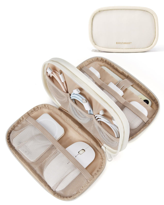 BAGSMART Electronics Organizer Travel Case, Cord Organizer for Women, Travel Cable Bag (Beige) A-Double Layer Beige