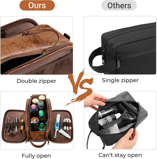 Elviros Toiletry Bag for Men PU Leather Dopp Kit (Large, Dark Brown) | Water-Resistant Travel Organizer for Bathroom Toiletries, Shaving Tools,