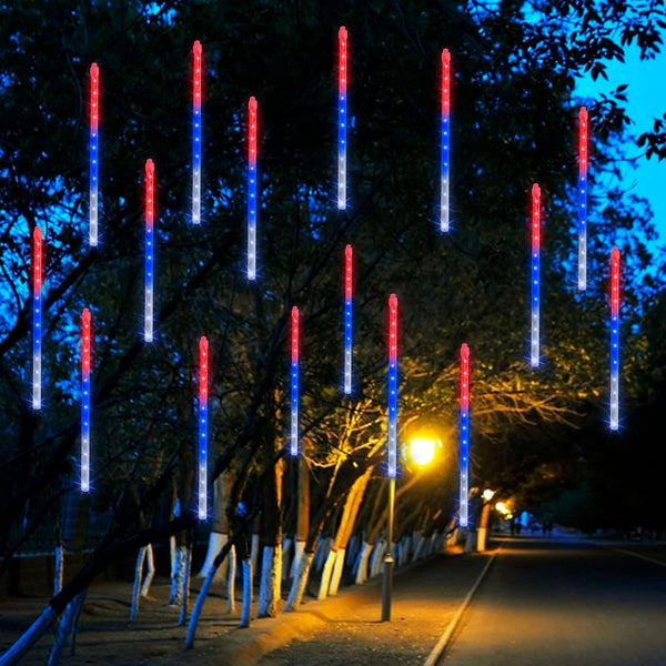 Dazzle Bright 4th of July Lights Decorations, 288LED Red Blue and White Meteor Shower Rain Lights 12Inch 8 Tubes, Waterproof Plug in Falling Rain