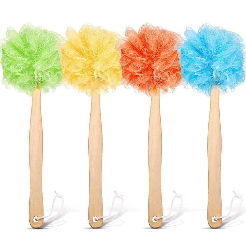 4 Pieces Loofah Back Scrubber Bath Sponge with Wooden Handle Long Handle Sponge Mesh on a Stick for Shower Exfoliating Bath Body Brush Luffa Back