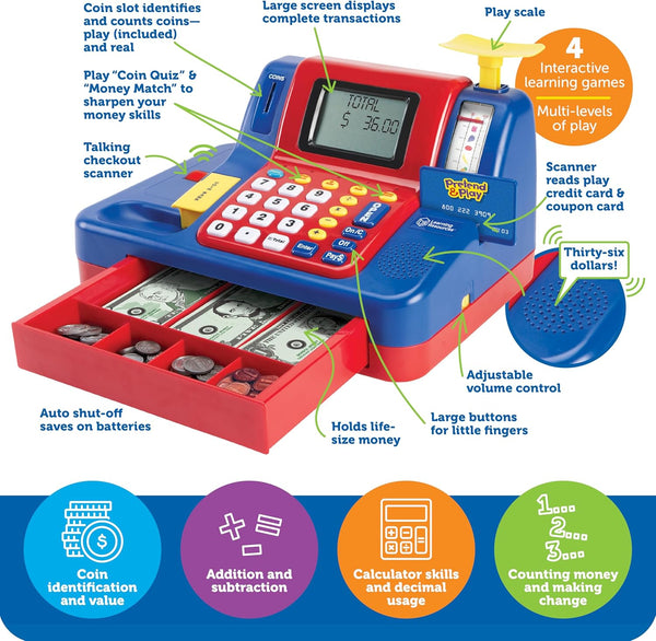 Learning Resources Pretend & Play Teaching Cash Register, 73 Piece Set, Ages 3+, Talking Register, Counting Activities, Money Management