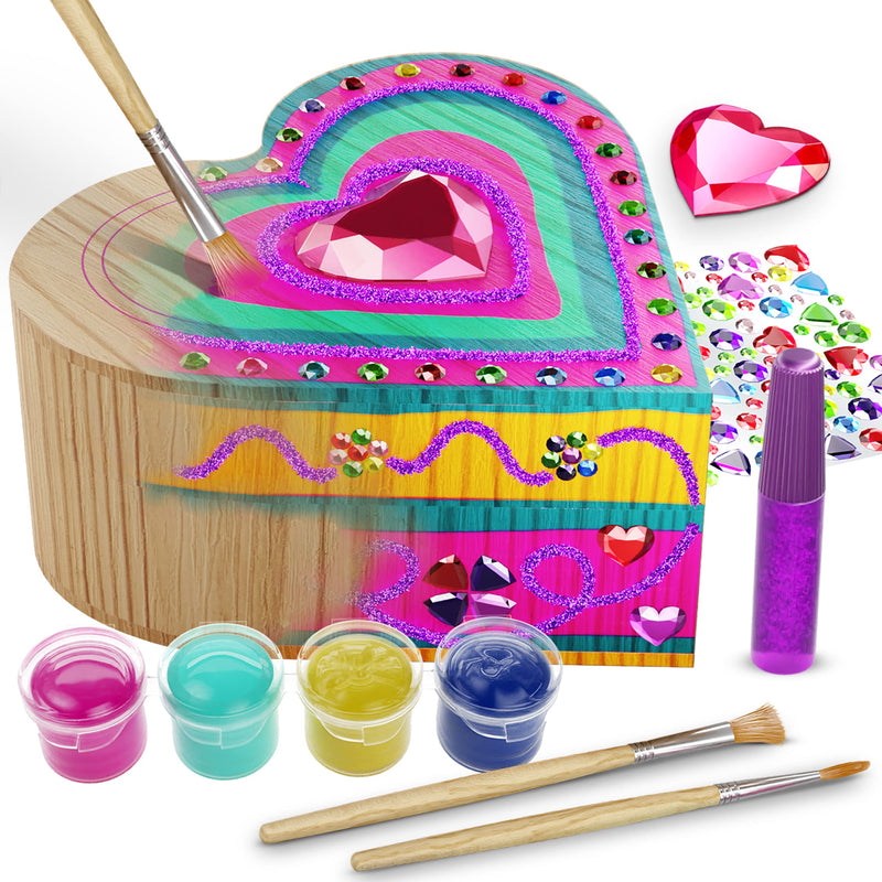 Paint Your Own Wooden Kids Heart Treasure Box Kit - Basket Stuffers - Art Kits for Toddler Girl - Arts and Craft Gifts for Ages 4-6 Year Old Girls