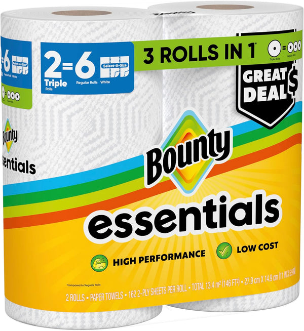 Bounty Essentials Select-A-Size Paper Towels, White, 2 Triple Rolls = 6 Regular Rolls (Packaging May Vary) Triple 2 Rolls ( 162 Sheets)
