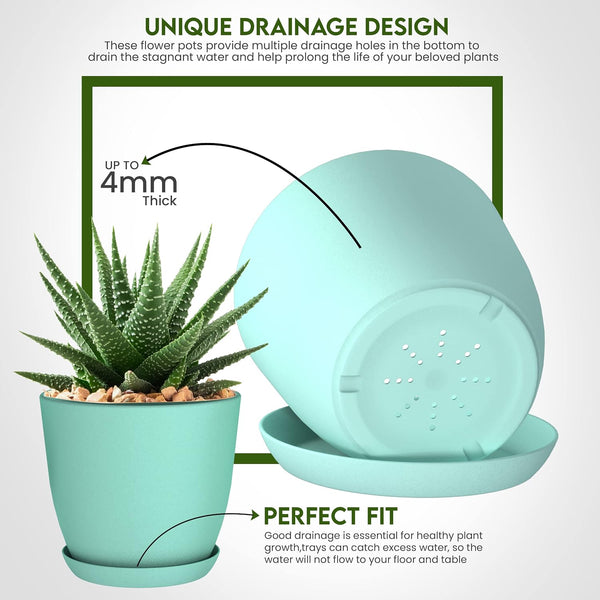 Plant Pots Indoor with Drainage, 5 Pack Multi-Size Planters Set, Aqua Pack of 5 Aqua