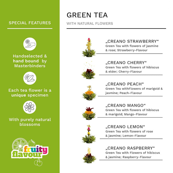Creano Blooming Tea Gift Set with Glass Teapot 17Oz (500Ml) - Green Tea Fruity Flavoured Tea Flowers in 6 Varieties - Flowering Tea Gift for Easter