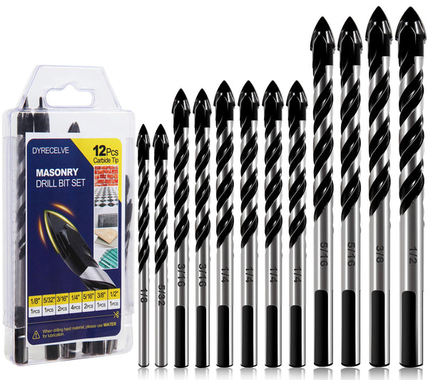 DYRECELVE 12-Piece Masonry Drill Bit Set and Concrete Drill Bit Set | Carbide Tile Drill Bits and Brick Drill Bit, 7 Sizes 1/8 to 1/2 Inch for