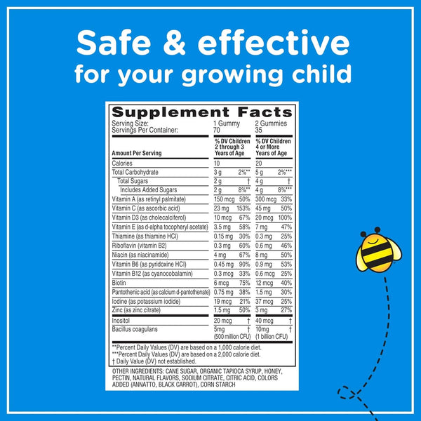 Zarbee'S Kid'S Complete Daily Multivitamin + Probiotic Gummies with Vitamins a B C D E & Zinc for Digestive Health Easy to Chew, Natural Fruit 70