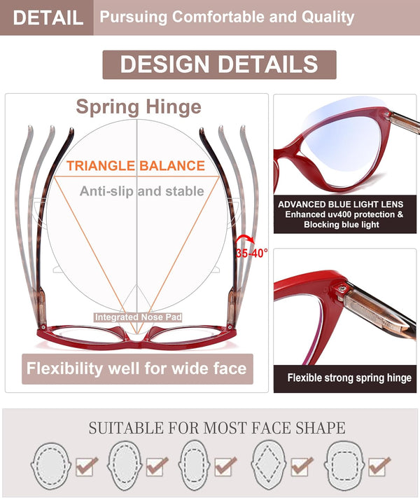EYEURL 5-Pack Cat Eye Reading Glasses for Women- Men Blue Light Blocking Glasses Stylish Computer Readers for Women Anti Eyestrain & Glare with